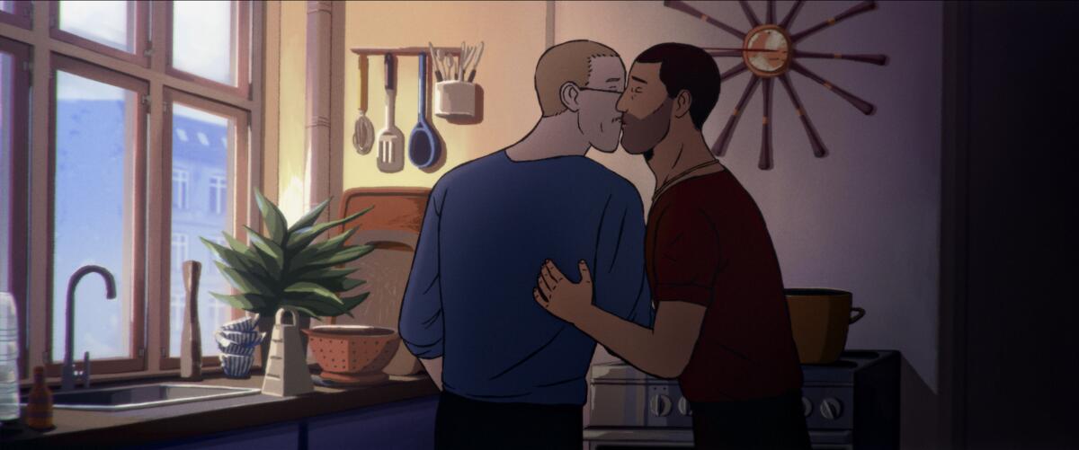 Two men kiss in a scene from the animated "Flee." 