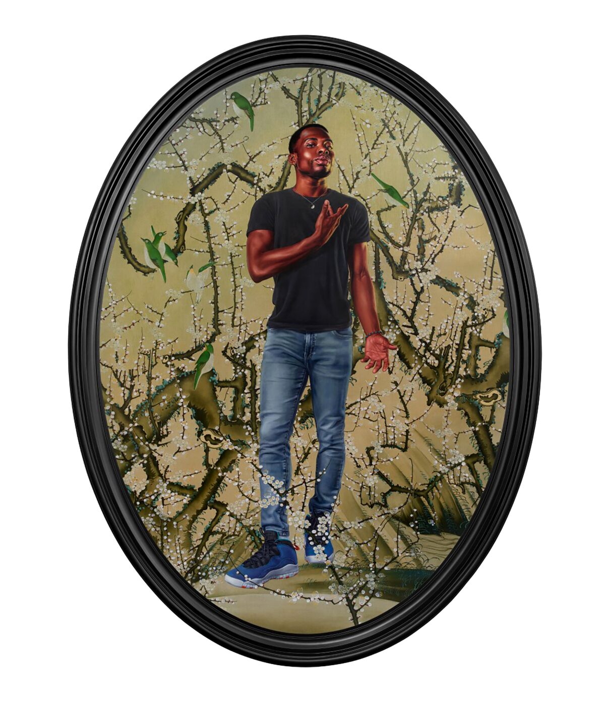 Kehinde Wiley, "Portrait of John Adewumi," 2023. Painting of a man surrounded by branches.