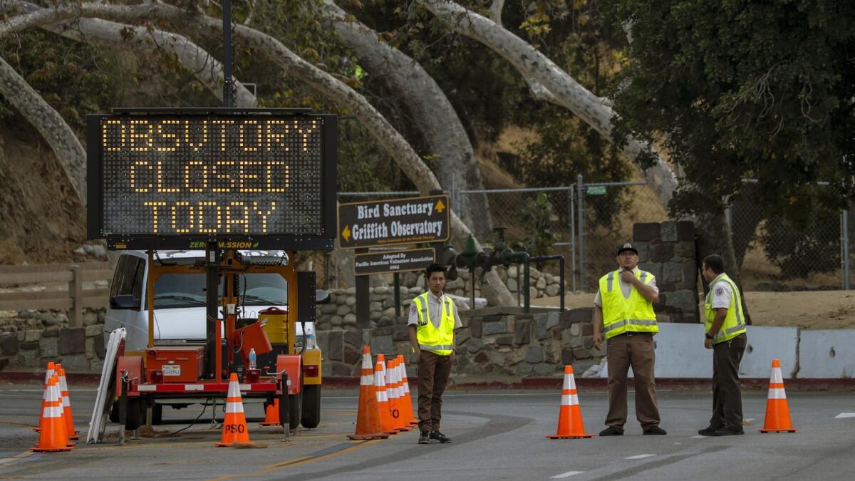 Griffith Observatory remains closed Wednesday due to Tuesday's brush fire.