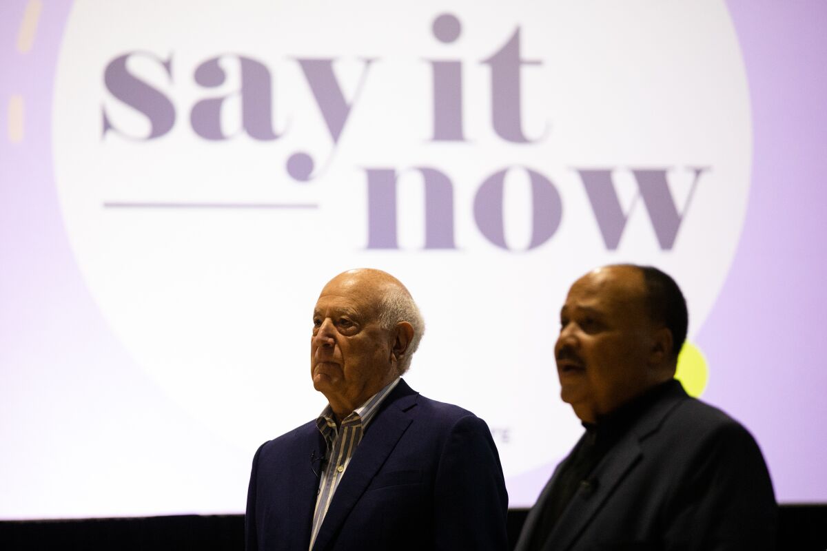 Walter Green, founder of "Say It Now," and Martin Luther King III, urge students to honor people now while they're living.