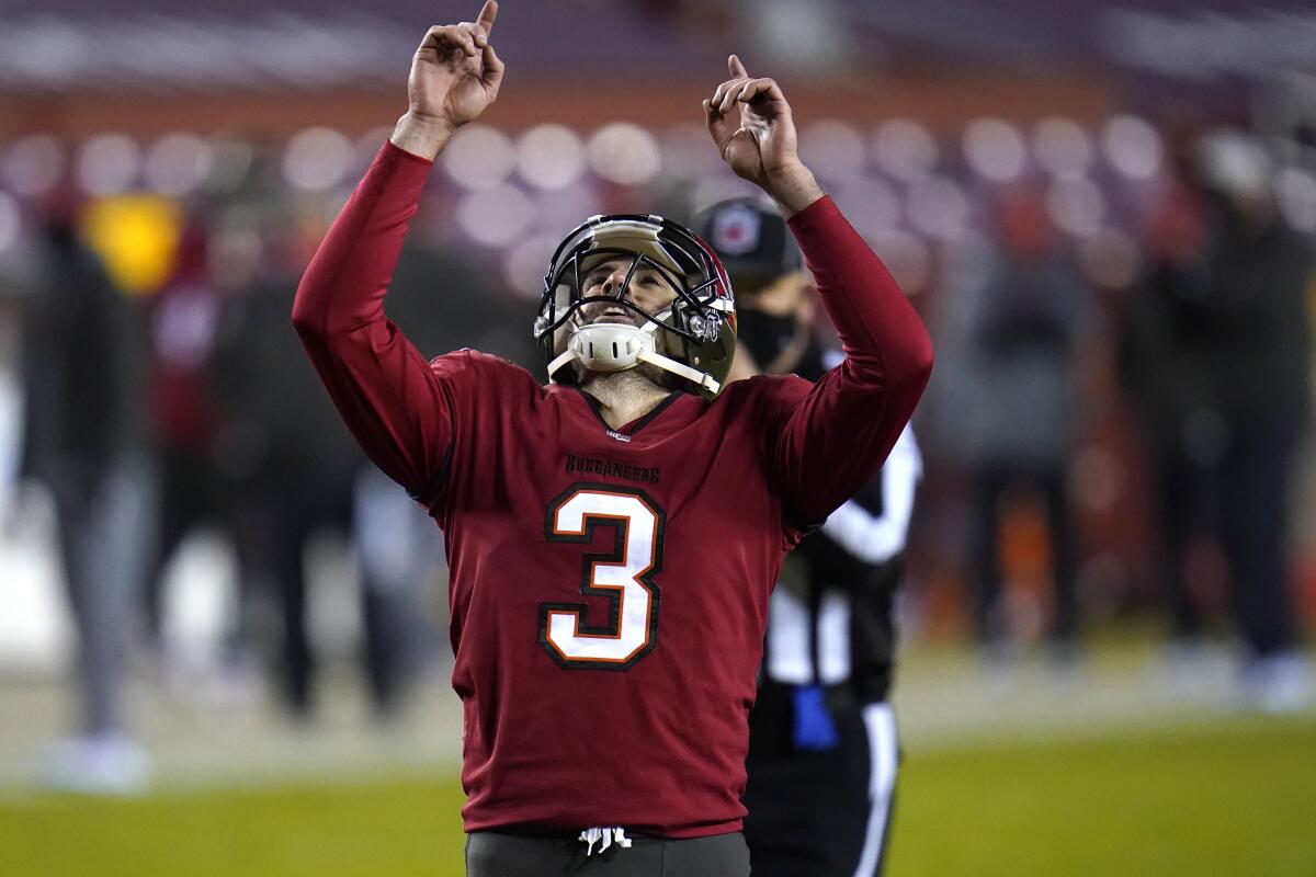 Tampa Bay Buccaneers kicker Ryan Succop reacts after kicking a field goal in a playoff game against Washington on Jan. 9.