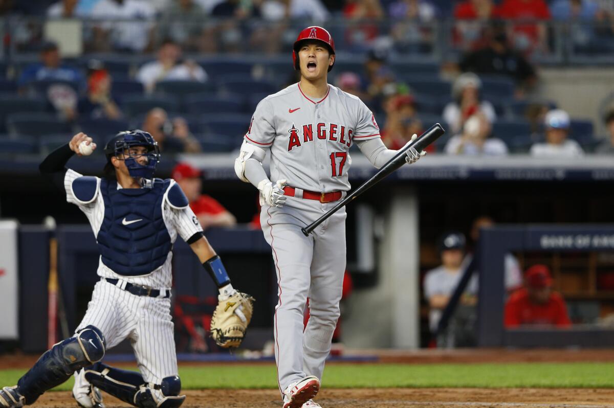 Angels designated hitter Shohei Ohtani reacts after a called strike.
