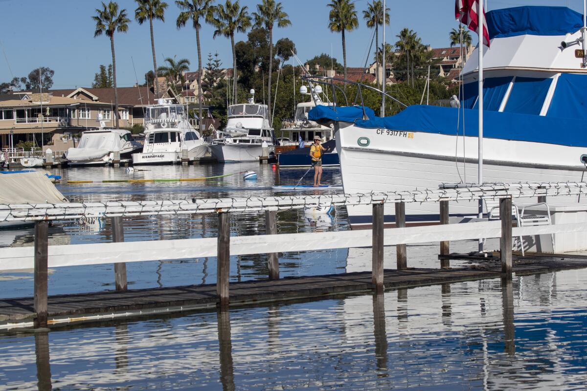 A dock is partly submerged in Newport Harbor after king tides hit the area.