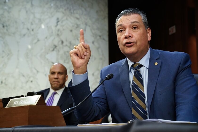 WASHINGTON, DC - MARCH 22: Senator Alex Padilla (D - C.A.) attends Supreme Court nominee Judge Ketanji Brown Jackson's Senate Judiciary Committee confirmation hearing on Capitol Hill on Tuesday, Mar. 22, 2022 in Washington, DC. Judge Jackson was picked by President Biden to be the first Black woman in United States history to serve on the nation's highest court to succeed Supreme Court Associate Justice Stephen Breyer who is retiring. (Kent Nishimura / Los Angeles Times)