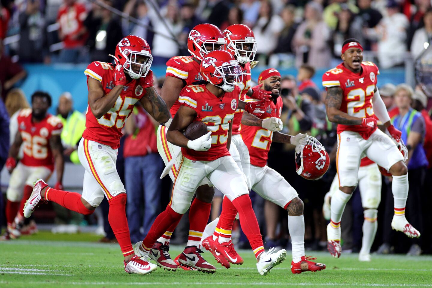 Kansas City Chiefs cornerback Kendall Fuller celebrates his interception in the final minute against the San Francisco 49ers in Super Bowl LIV.