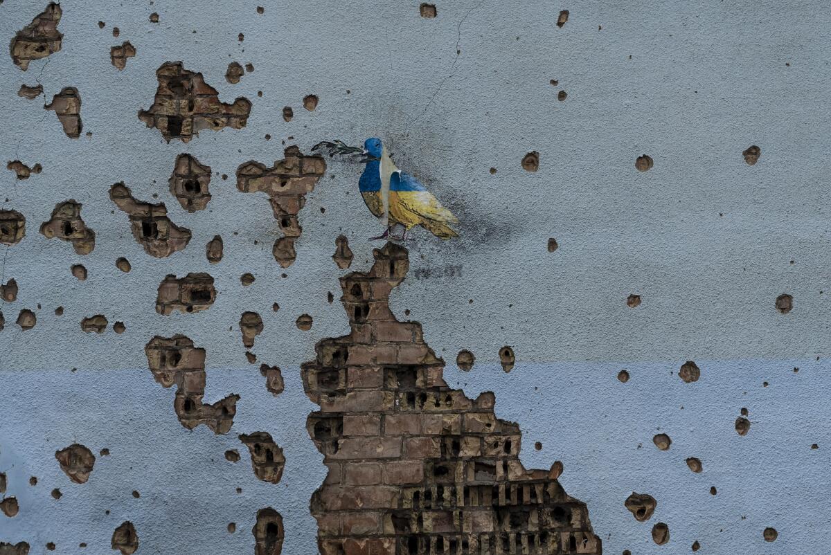 A blue and yellow dove painted by artist TvBoy adorns the wall of a building damaged by Russian shelling attacks.