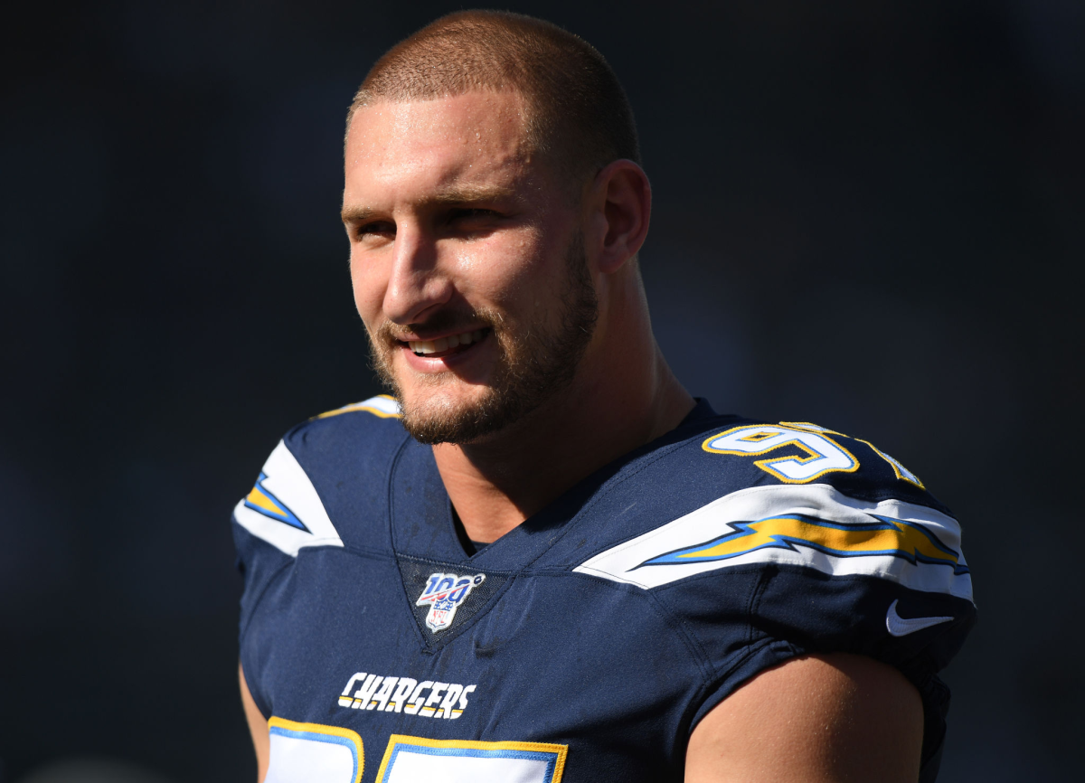 Chargers defensive end Joey Bosa on the field before a game.