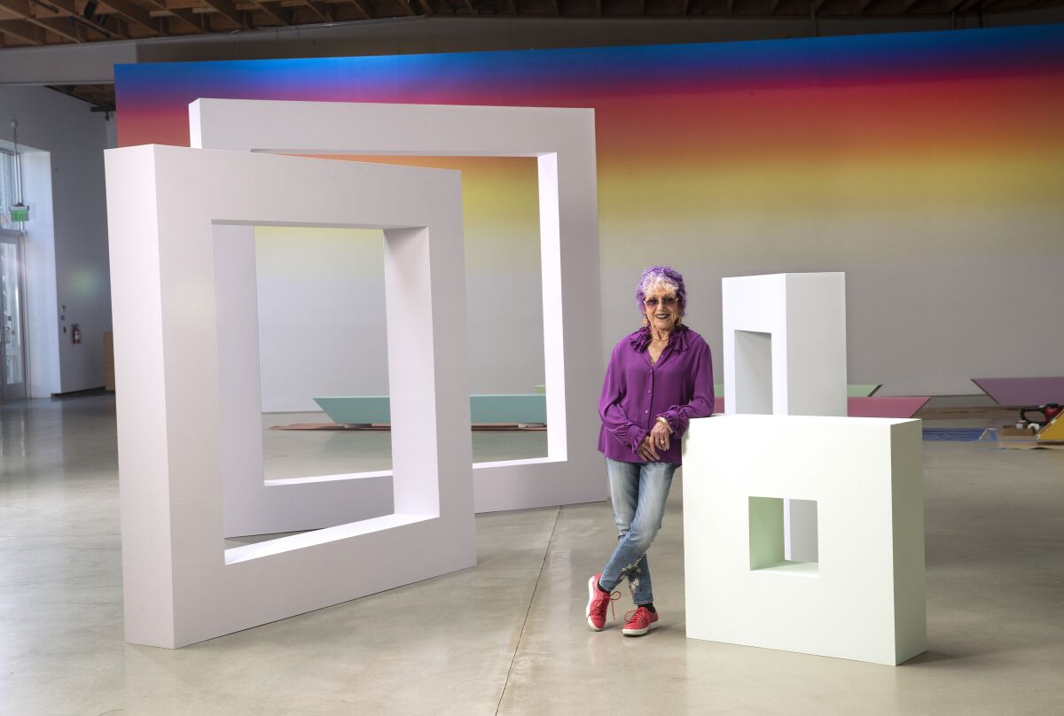 Artist Judy Chicago with her sculptural installation “Sunset Squares” at Jeffrey Deitch gallery.