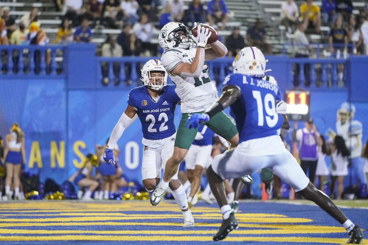 Portland State wide receiver Beau Kelly (13) catches a twelve-yard touchdown pass against San Jose State during the second half of an NCAA college football game in San Jose, Calif., Thursday, Sept. 1, 2022. (AP Photo/Godofredo A. Vásquez)