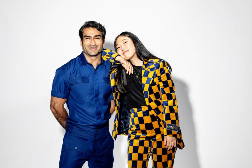 **SNEAKS FOR FALL 2021 DO NOT USE PRIOR 8/29/21: LOS ANGELES, CA - AUGUST 16: Portrait of actors Kumail Nanjiani and Awkwafina (Nora Lum) at Beverly Hilton on Monday, Aug. 16, 2021 in Los Angeles, CA. (Mariah Tauger / Los Angeles Times)