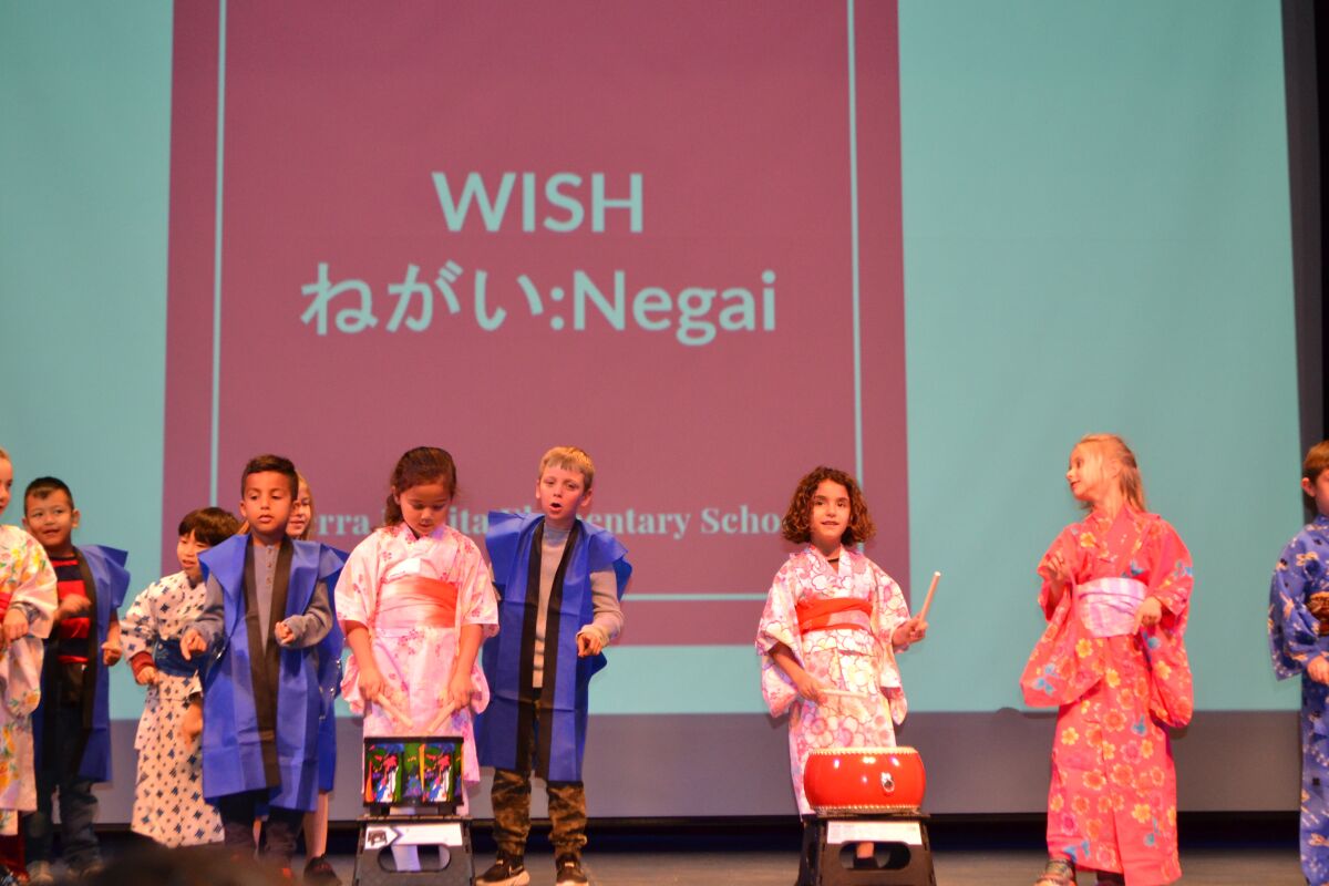 Students from Tierra Bonita Elementary School perform a Japanese song and dance during the State of the District.