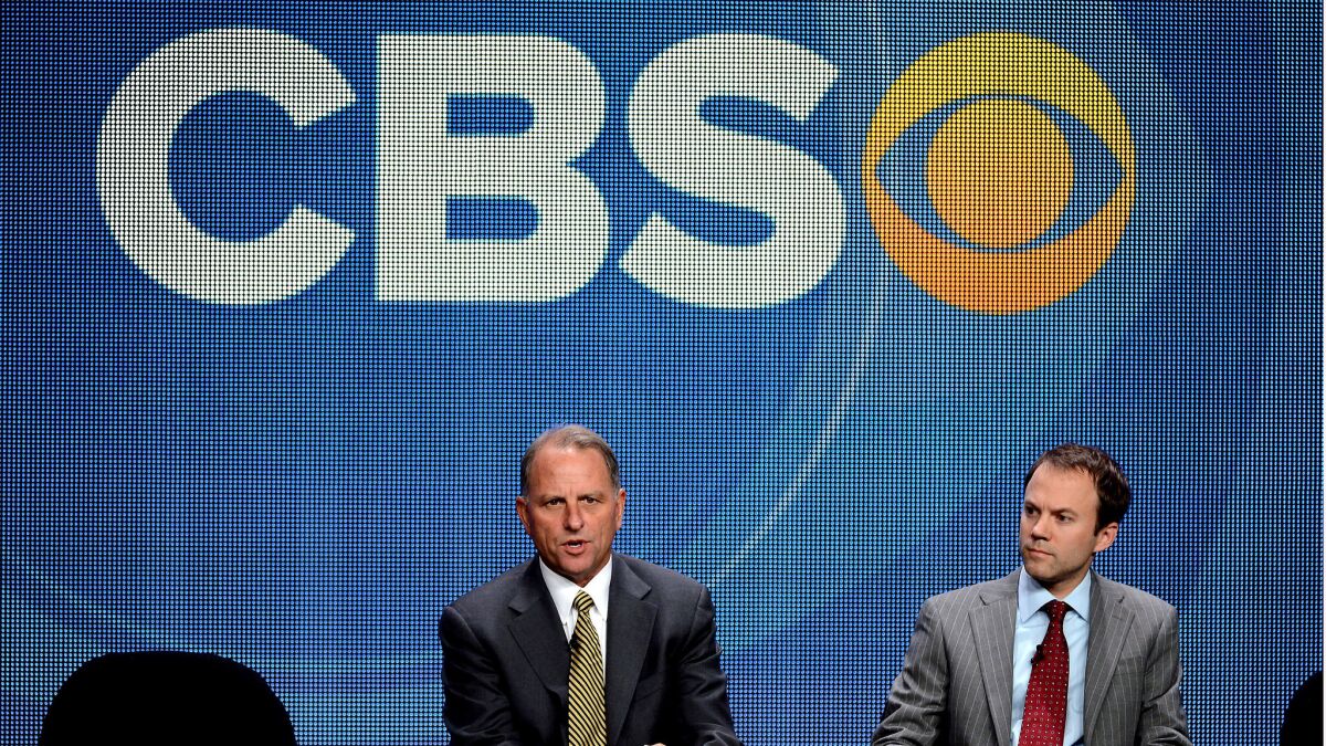 Former "60 Minutes" executive producer Jeff Fager, left, and CBS News President David Rhodes at the Television Critics Assn. press tour in Los Angeles in 2012.