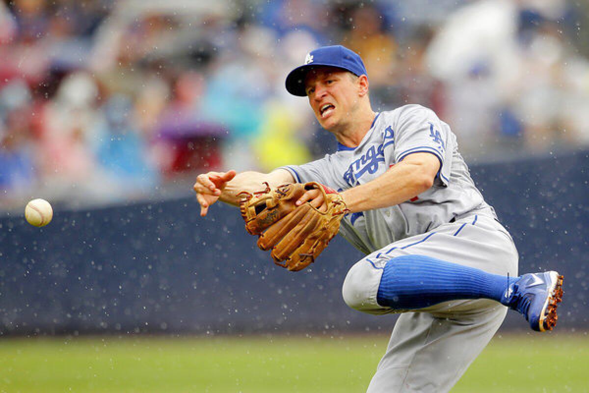 Dodgers' Mark Ellis throws to first base during a game against the Atlanta Braves Sunday.