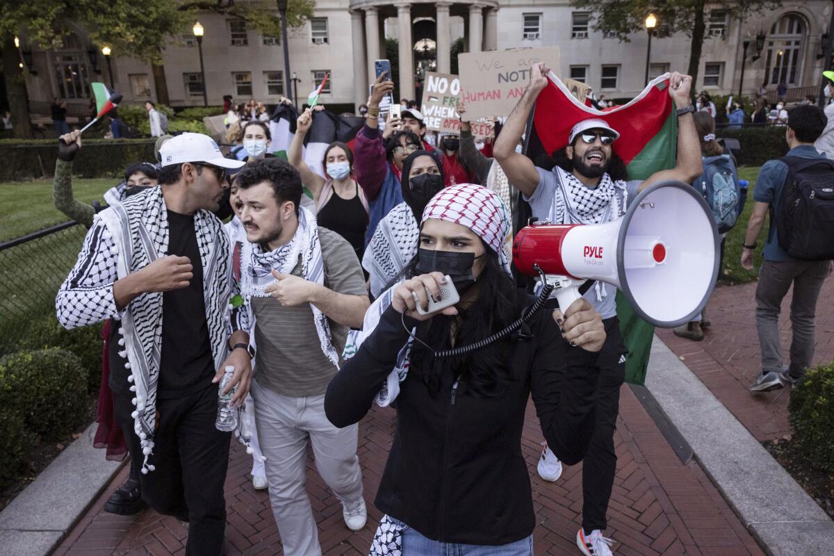 Palestinian supporters demonstrate during a protest at Columbia University in New York on Oct. 12.