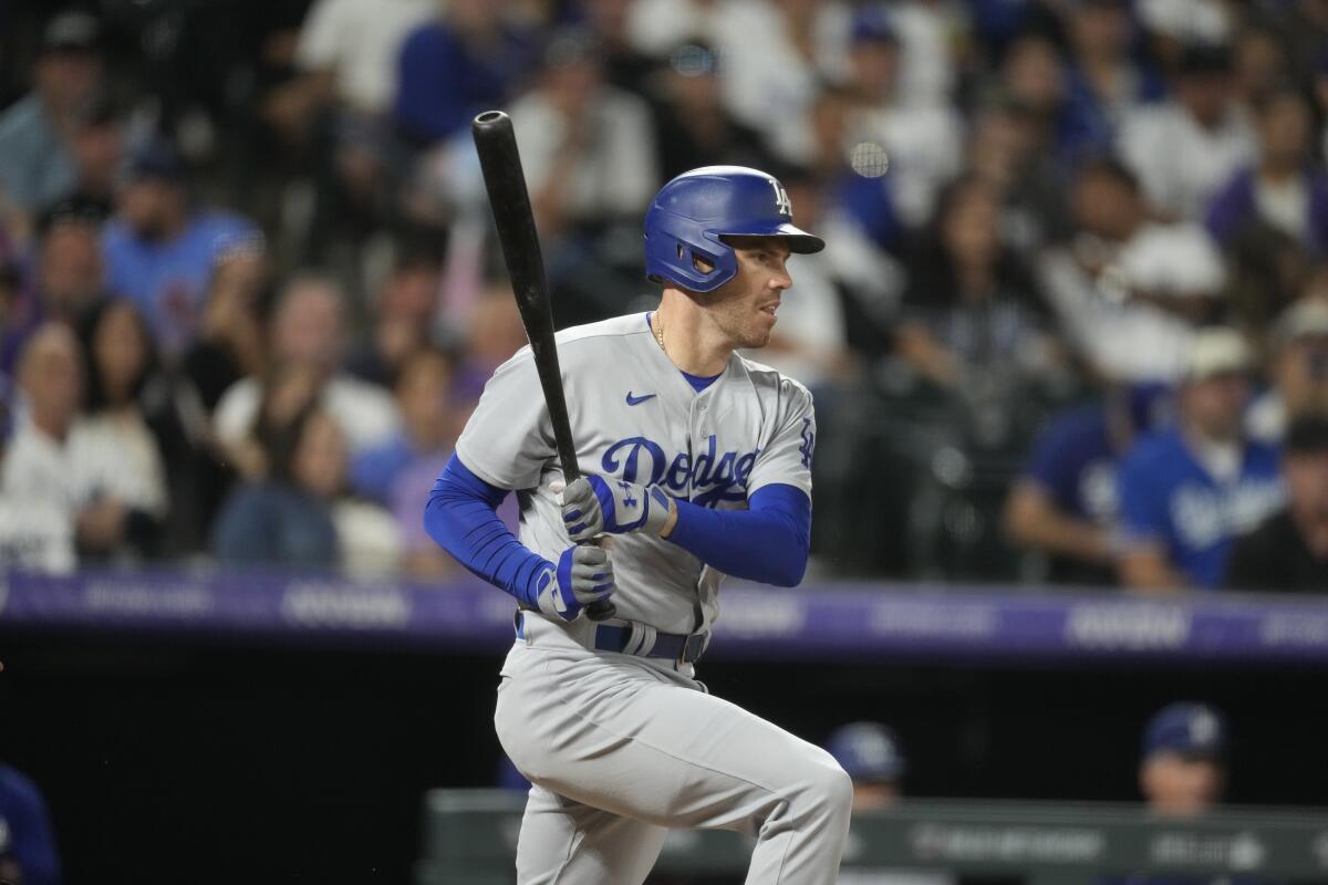 Dodgers first baseman Freddie Freeman bats during a game.