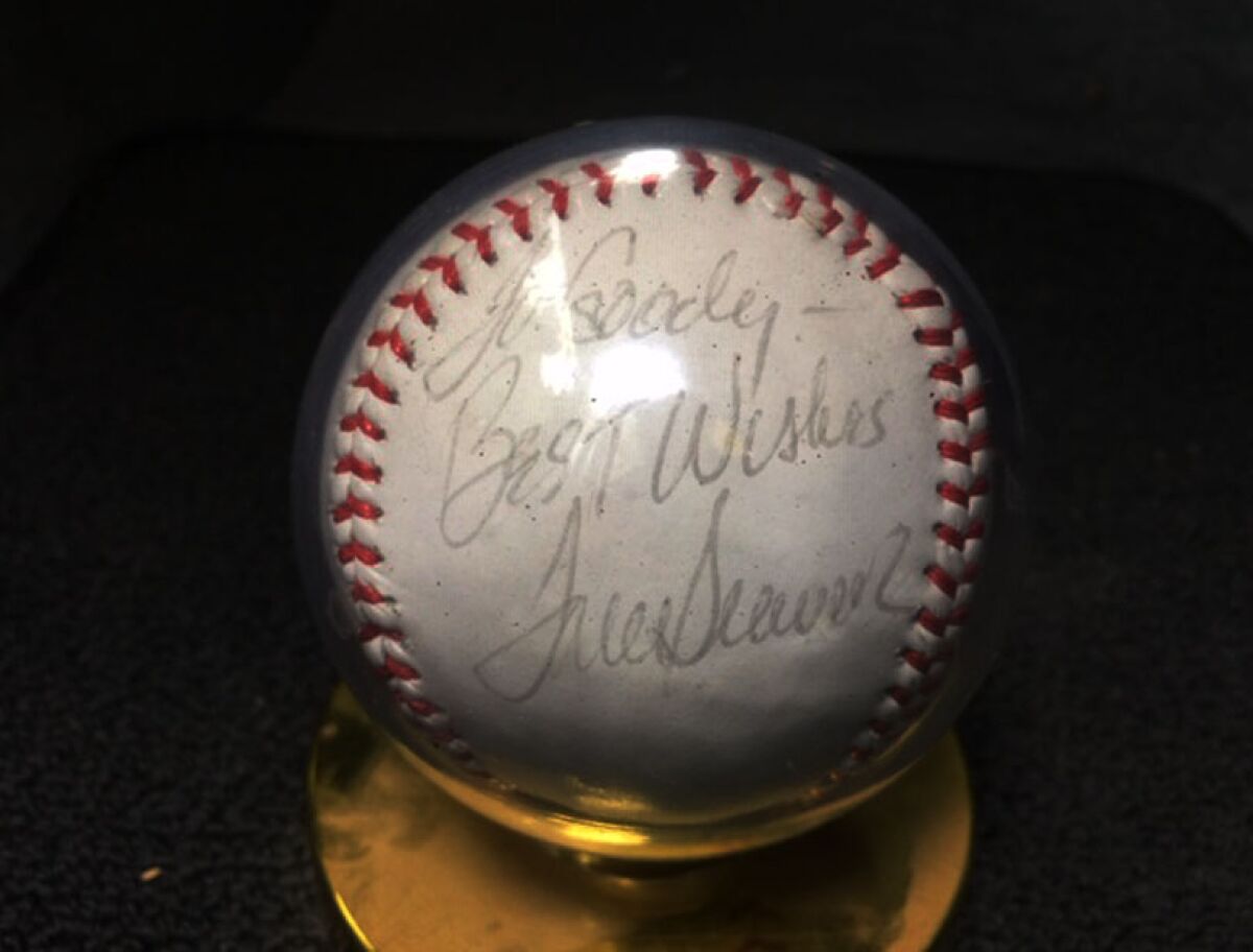 An autographed baseball signed by Hall of Fame pitcher Tom Seaver, who addressed it to "Goody," the nickname of fan Jeff Goodhartz.