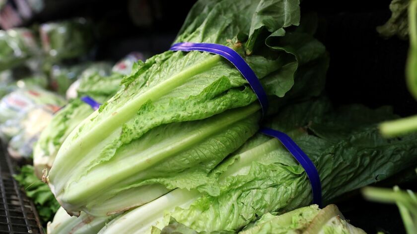 Romaine lettuce on a supermarket shelf in San Rafael, Calif. Produce companies in the Salinas Valley and Yuma, Ariz., were hit hard last year by a nationwide scare over romaine lettuce tainted with e. coli bacteria.