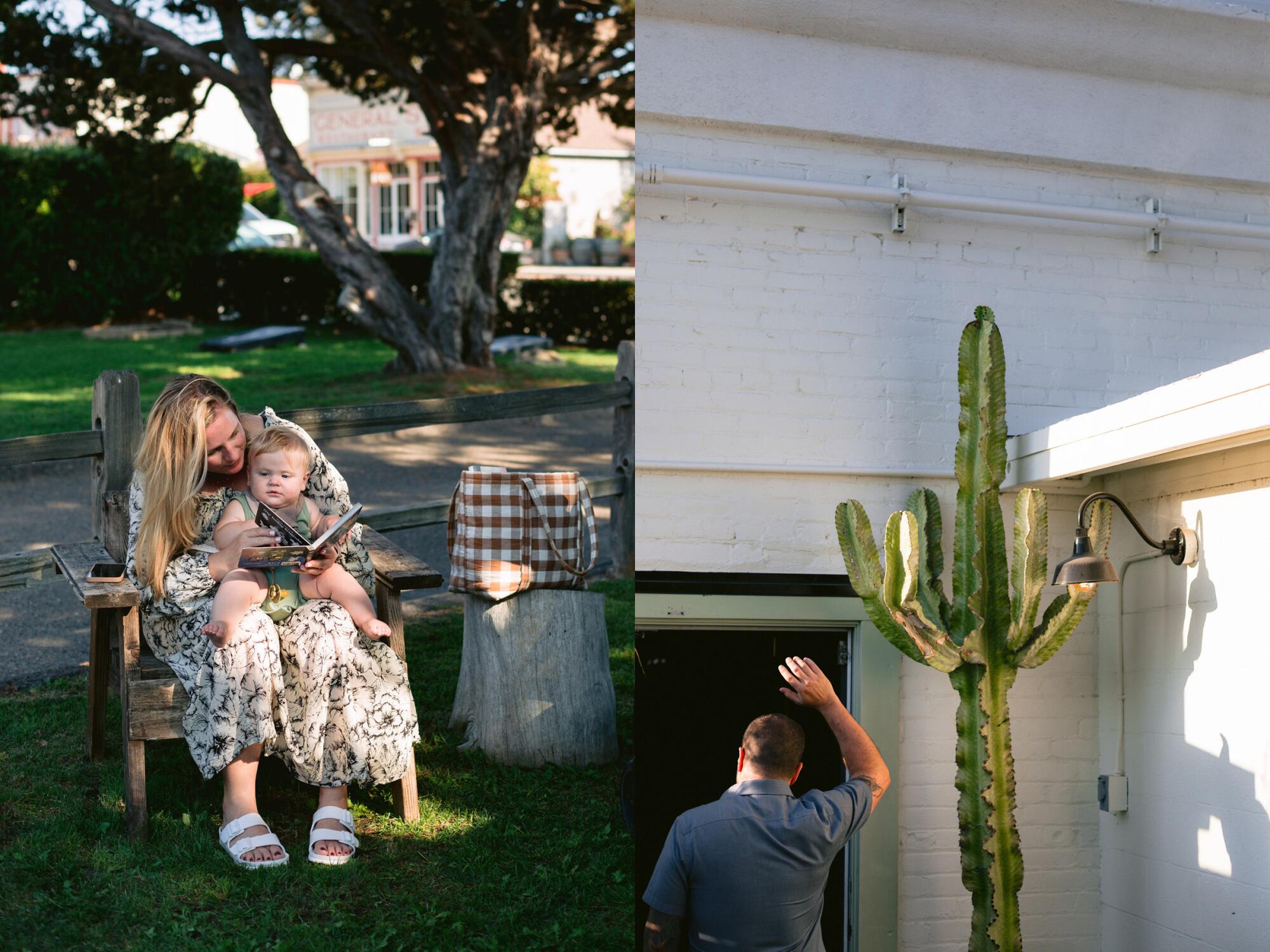 Two photos side by side of a woman reading to a baby, left, and a man, arm raised, walking past a cactus into a doorway.