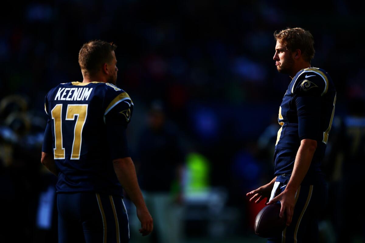 Rams starting quarterback Case Keenum (17) speaks with rookie backup Jared Goff before a game against the New York Giants on Sunday in London.