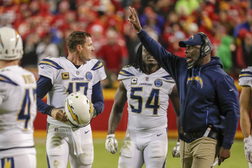Chargers head coach Anthony Lynn calls for a two-point conversion after quarterback Philip Rivers led the team on a last-minute scoring drive against the Chiefs.