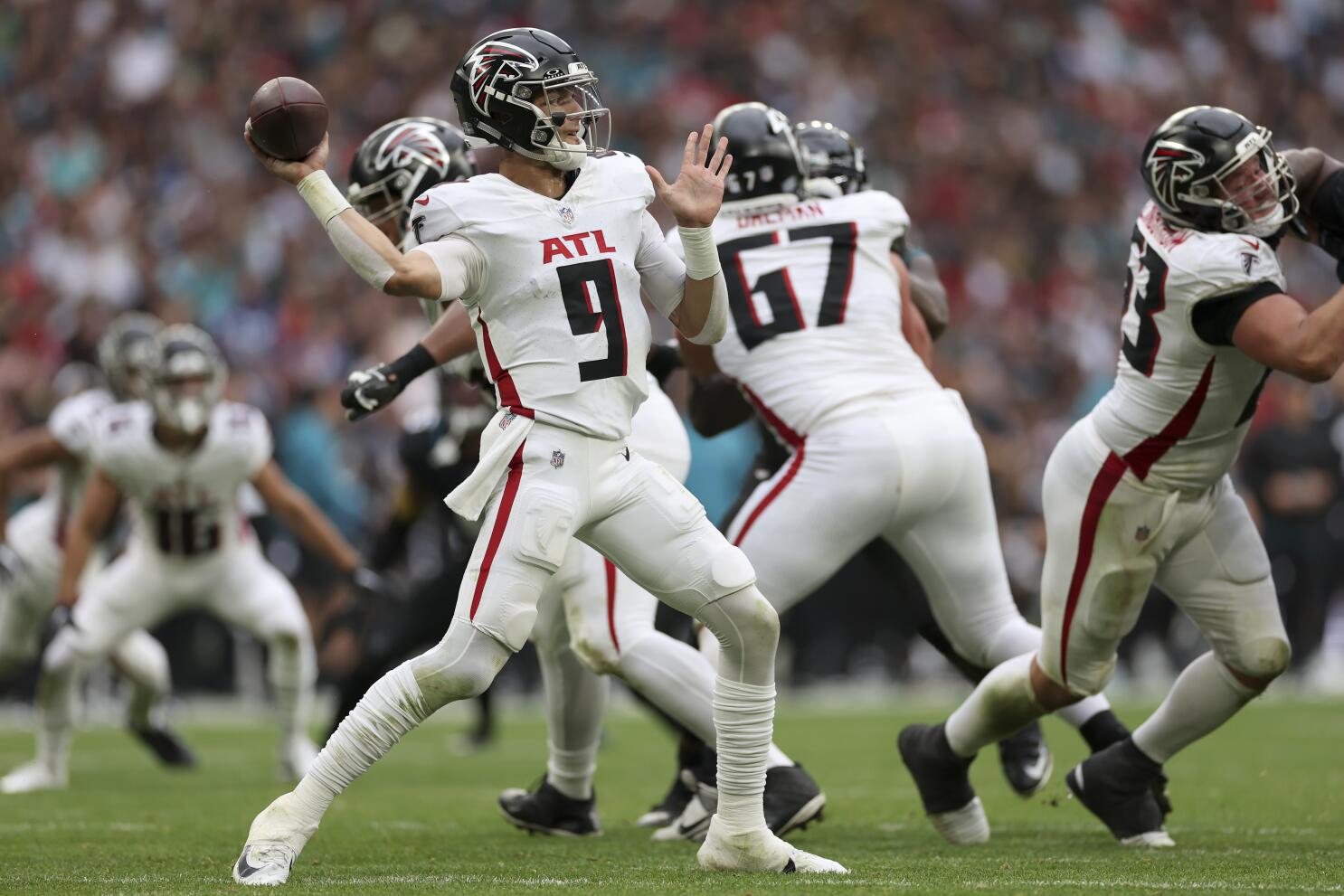 Desmond Ridder speaks to media after first NFL start against the Jaguars