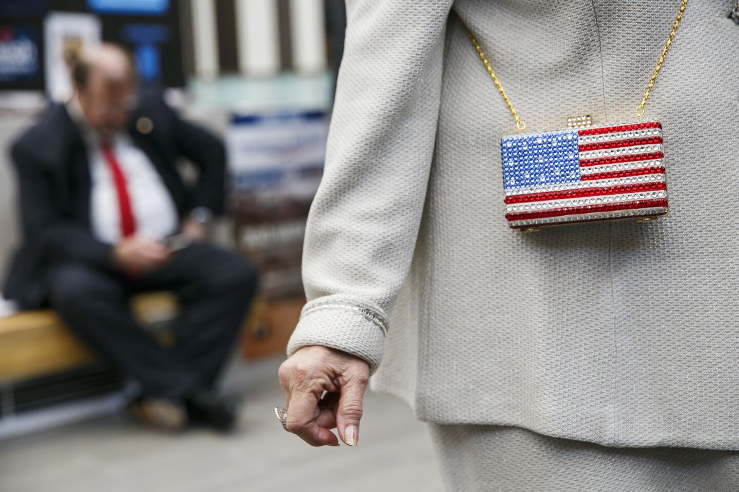 Elsie Gufle, wears a jeweled handbag featuring the American flag at the California Republican Party convention on Saturday.