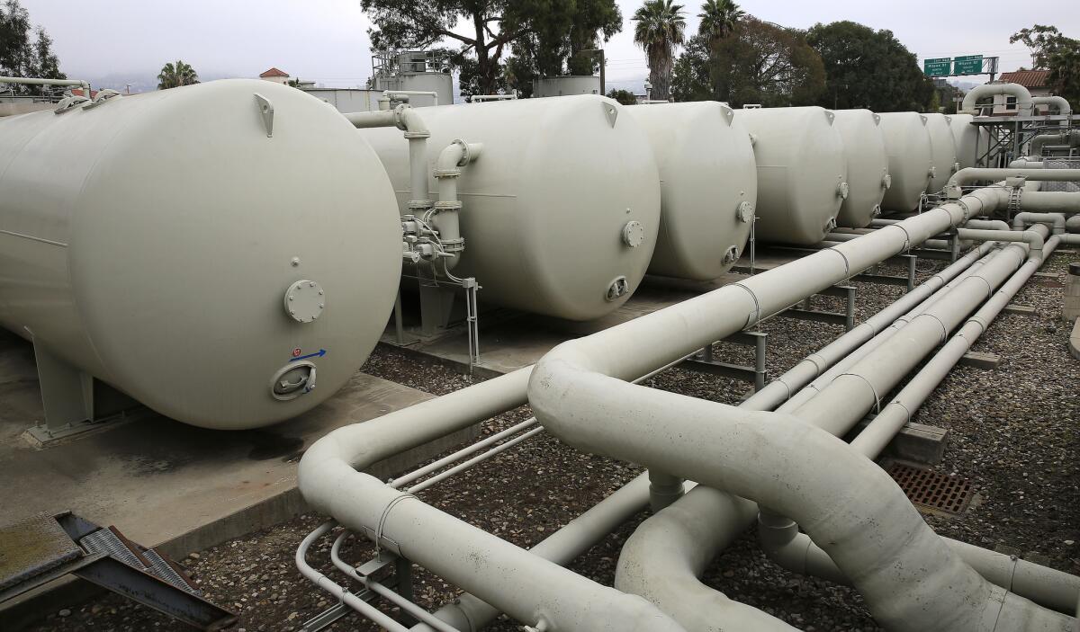 Filtration tanks at Santa Barbara's Charles E. Meyer Desalination Plant on Feb. 18.