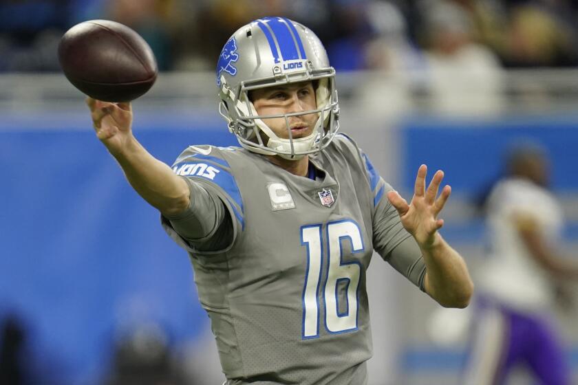 Detroit Lions quarterback Jared Goff throws during the second half of an NFL football game.