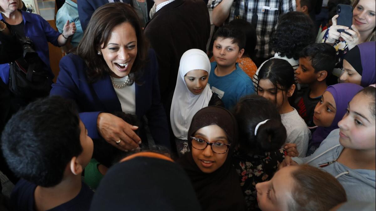Democratic presidential candidate Sen. Kamala Harris (D-Calif.) talks to students Monday at Miller Elementary School in Dearborn, Mich.