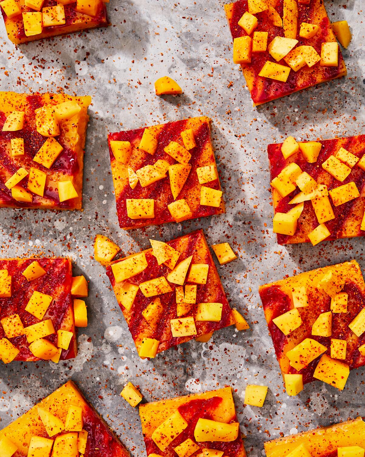 Floral mango, spicy-sour chamoy sauce, and salty Tajin combine to make the perfect pie bars for summer. Prop styling by Nidia Cueva.