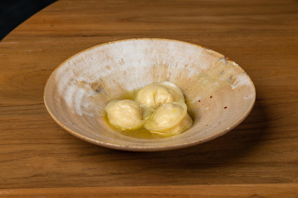 Dumplings in a ceramic bowl