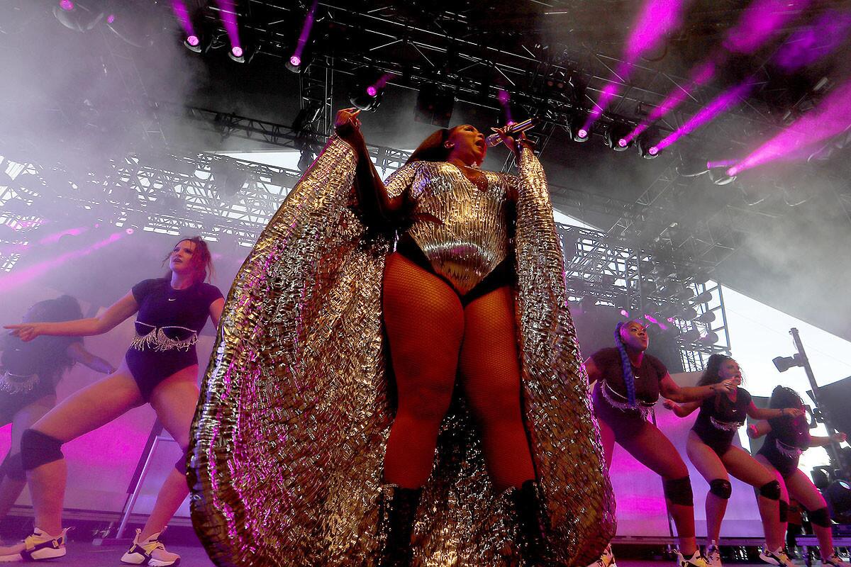Rapper-singer Melissa Viviane Jefferson, also known as Lizzo, performs at Coachella with her cast of full-figured dancers. (Luis Sinco/Los Angeles Times)