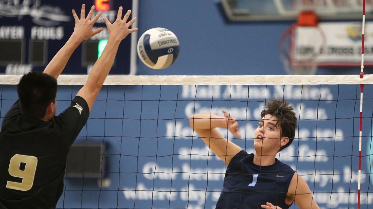 Brandon Browning puts a shot past San Diego Westview High blocker Adam Chang in the first round of the CIF State Southern California Regional Division I playoffs at Corona del Mar High on March 22.