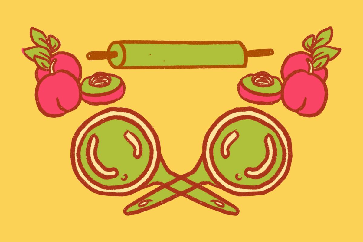 Illustration of pans, rolling pin, produce