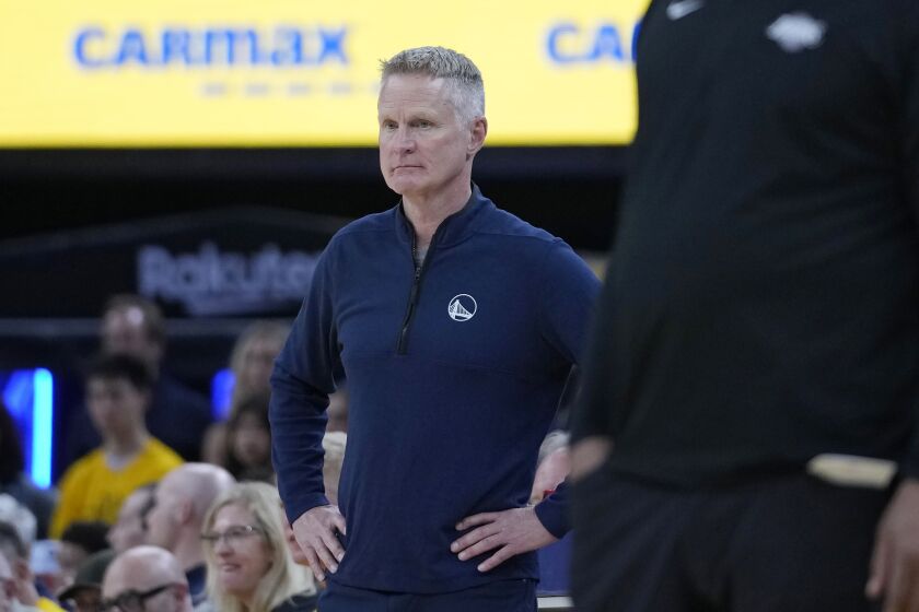 Golden State Warriors coach Steve Kerr watches during the second half of Game 5 of the team's NBA basketball second-round playoff series against the Los Angeles Lakers on Wednesday, May 10, 2023, in San Francisco. (AP Photo/Godofredo A. Vásquez)