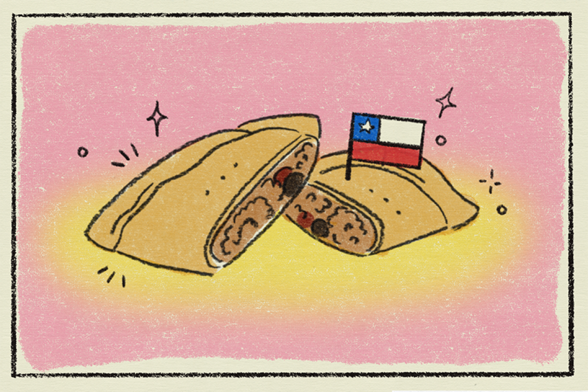 An illustration of an empanada sliced in half, topped with a toothpick bearing a flag of Chile