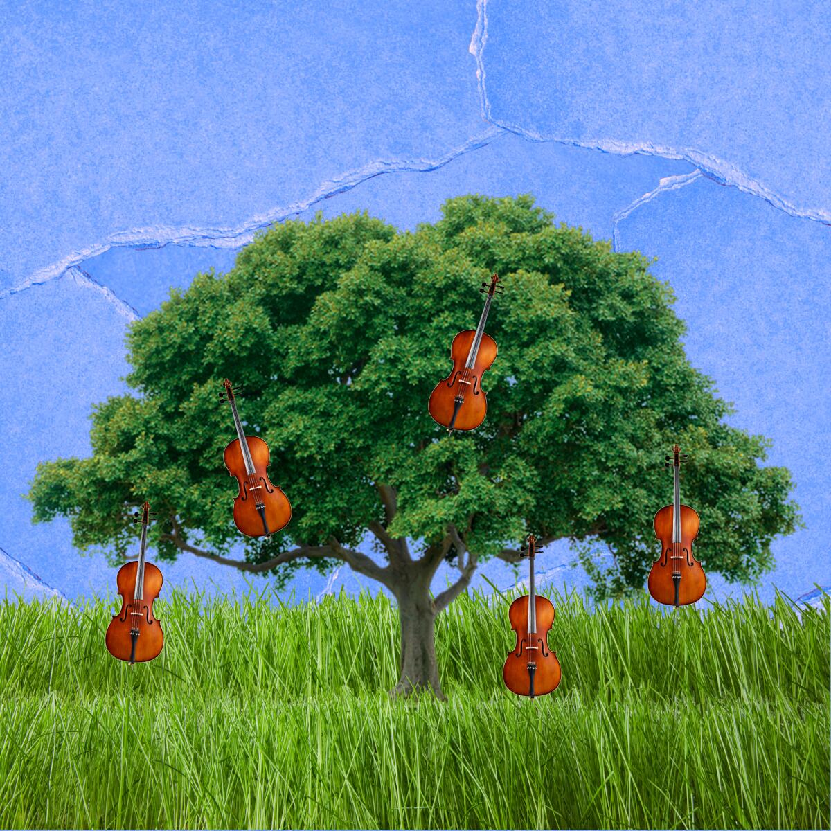 An illustration of violins hanging from a tree.