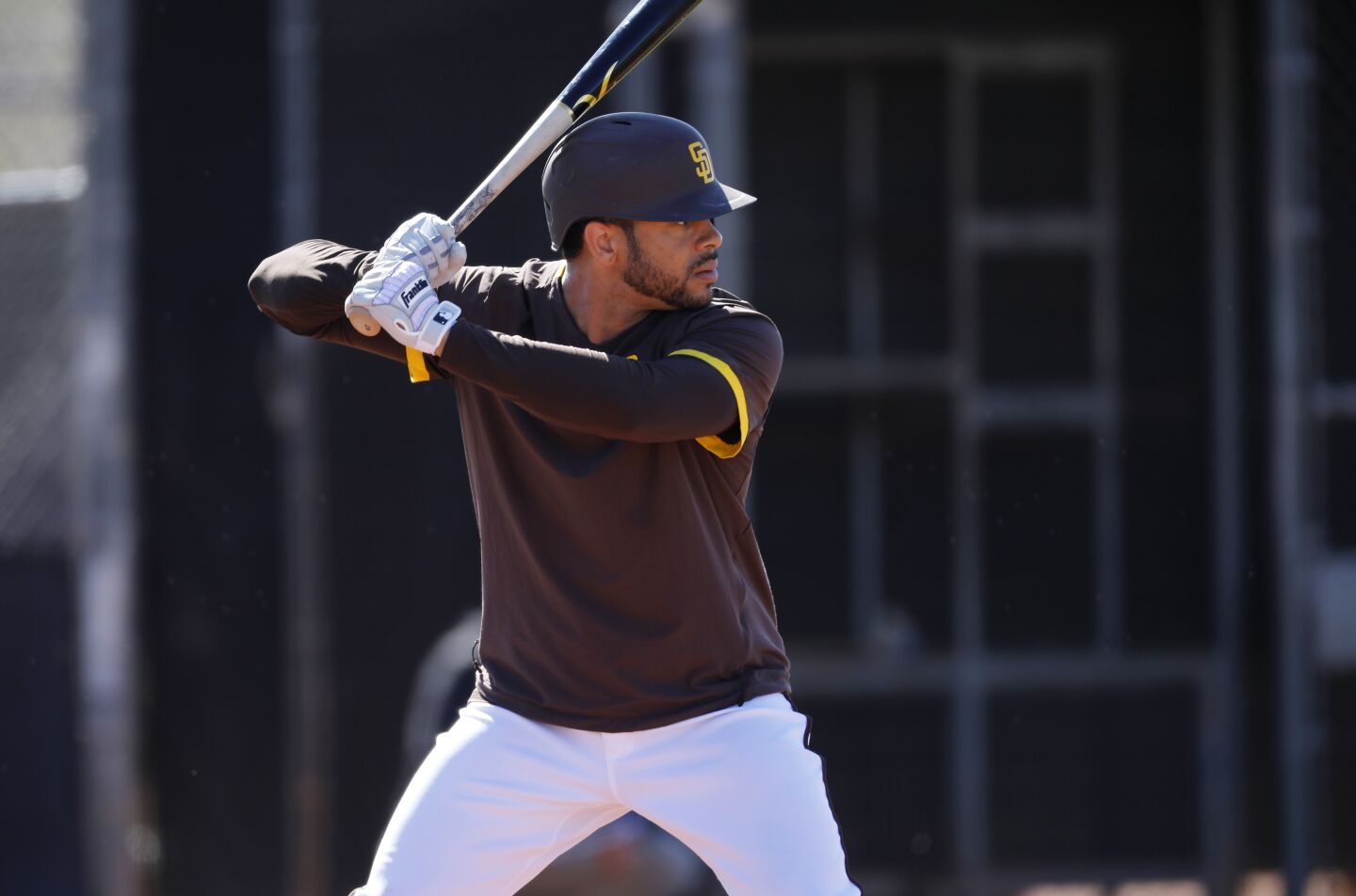 San Diego Padres Tommy Pham bats during a spring training practice on Feb. 20, 2020.