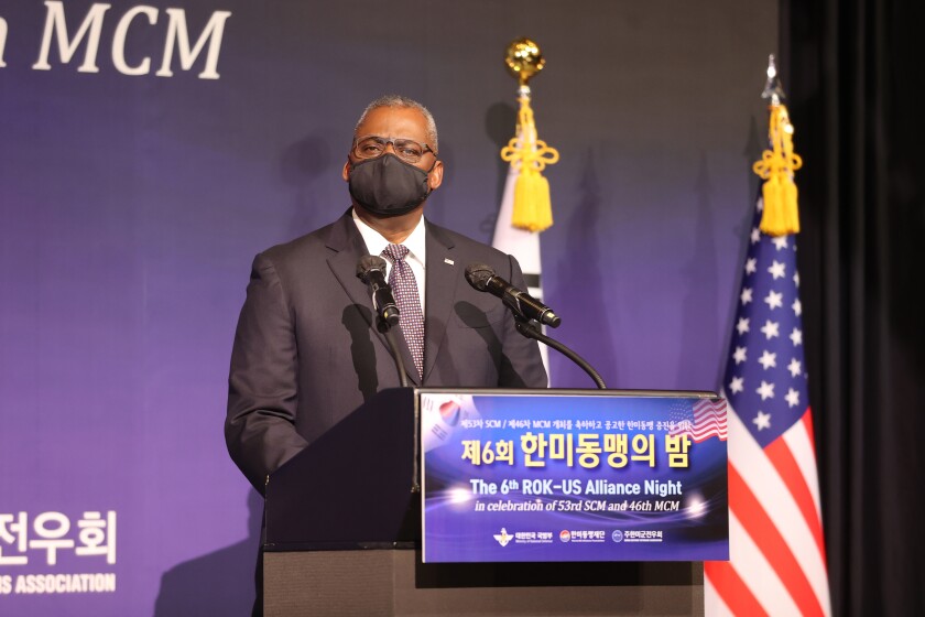 U.S. Defense Secretary Lloyd Austin speaks during the 6th South Korea-U.S. Alliance Night in Seoul, South Korea, Wednesday, Dec. 1, 2021. Austin arrived in South Korea on Wednesday for annual security talks expected to bolster the countries' decades-long military alliance in the face of North Korean nuclear threats and mounting challenges from China. (Lim Hwa-young/Yonhap via AP)