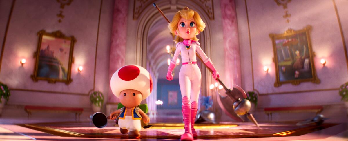 A small character shaped like a mushroom walks next to a woman in pink carrying a long-handled ax.