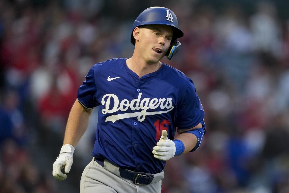 Dodgers catcher Will Smith runs the bases after hitting a home run against the Angels.