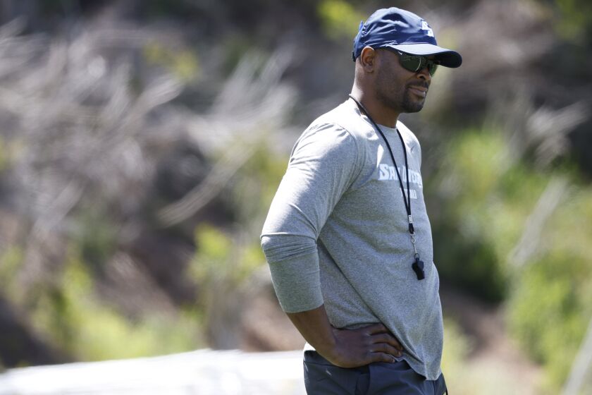 San Diego, CA - May 9: USD football coach Brandon Moore looks on during practice on Tuesday, May 9, 2023 in San Diego. (K.C. Alfred / The San Diego Union-Tribune)