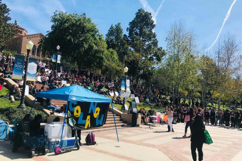 Students and faculty at UCLA demonstrated on campus on Thursday, March 5, 2020, to support graduate students across the university system who are demanding a cost-of-living salary increase.