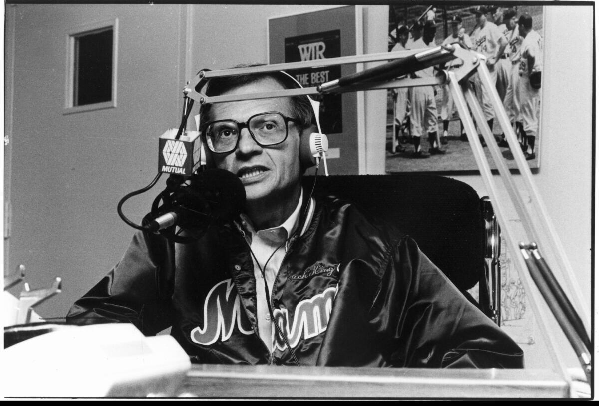 Larry King on the radio at Westwood One in Virginia in 1988. (Bernie Boston / For The Times)
