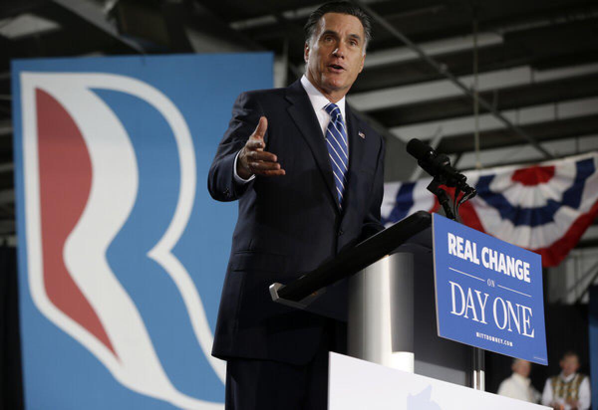 Mitt Romney speaks at a campaign stop at the Wisconsin Products Pavilion at State Fair Park in West Allis, Wis.