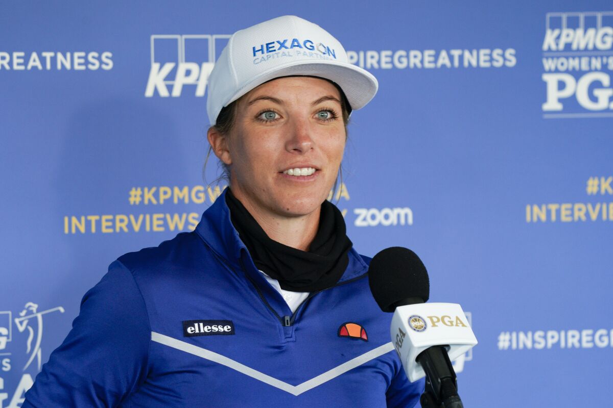 Mel Reid, of England, speaks during a news conference before the KPMG Women's PGA Championship golf tournament at the Aronimink Golf Club, Wednesday, Oct. 7, 2020, in Newtown Square, Pa. (AP Photo/Chris Szagola)