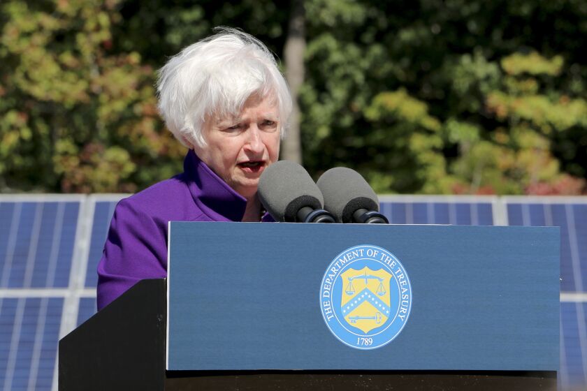 Treasury Secretary Janet Yellen speaks at Cypress Creek Renewables solar field in Chapel Hill, N.C., on Tuesday, Sept. 27, 2022. Yellen warned of the economic calamity that could come if climate change were not immediately addressed with government intervention. (AP Photo/Hannah Schoenbaum)