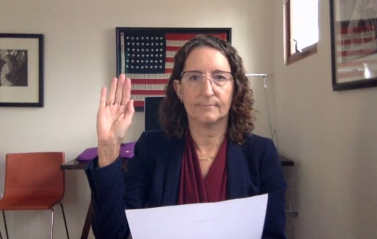 Dana Friehauf was sworn into the Santa Fe Irrigation District board over Zoom on Dec. 17.