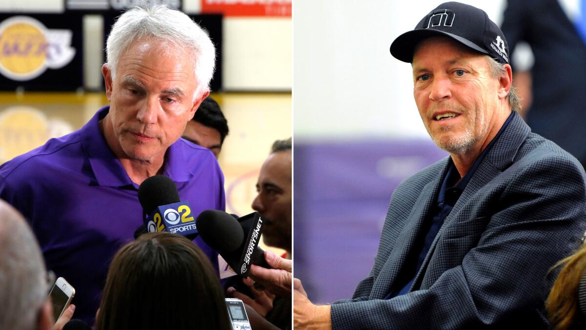 Lakers General Manager Mitch Kupchak, left, and Jim Buss, executive vice president of basketball operations, have acquired some promising young talent in the last two drafts but acquiring veteran free agents has been a problem.