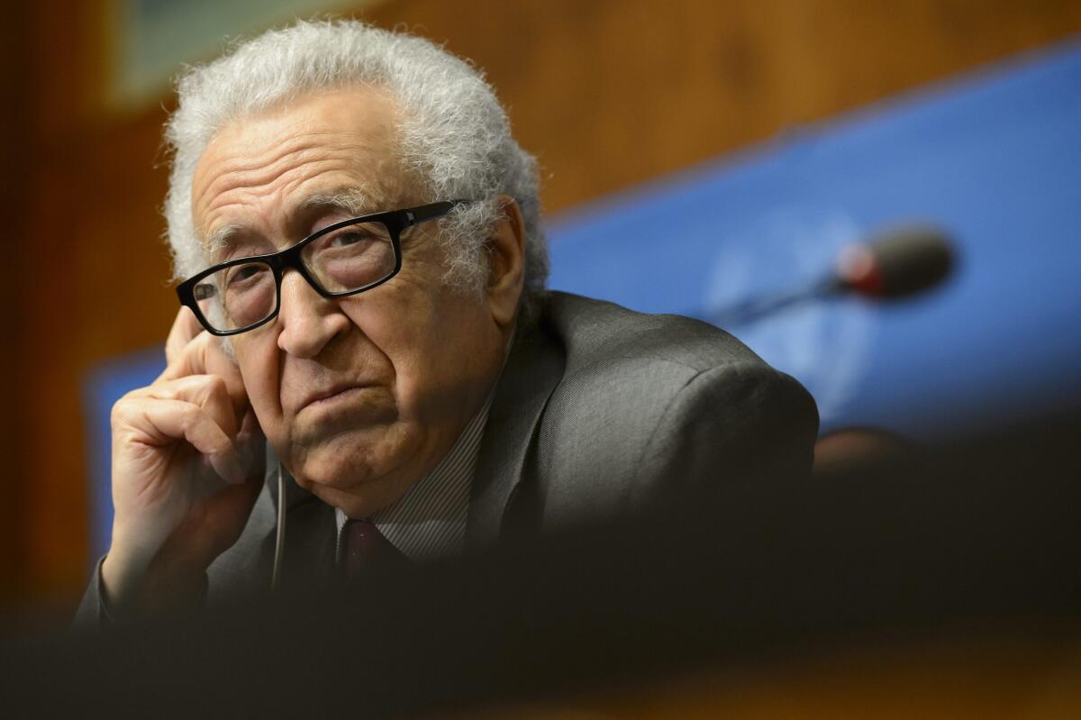 United Nations mediator Lakhdar Brahimi holds a news conference after a round of talks between representatives of the Syrian government and opposition in Geneva.